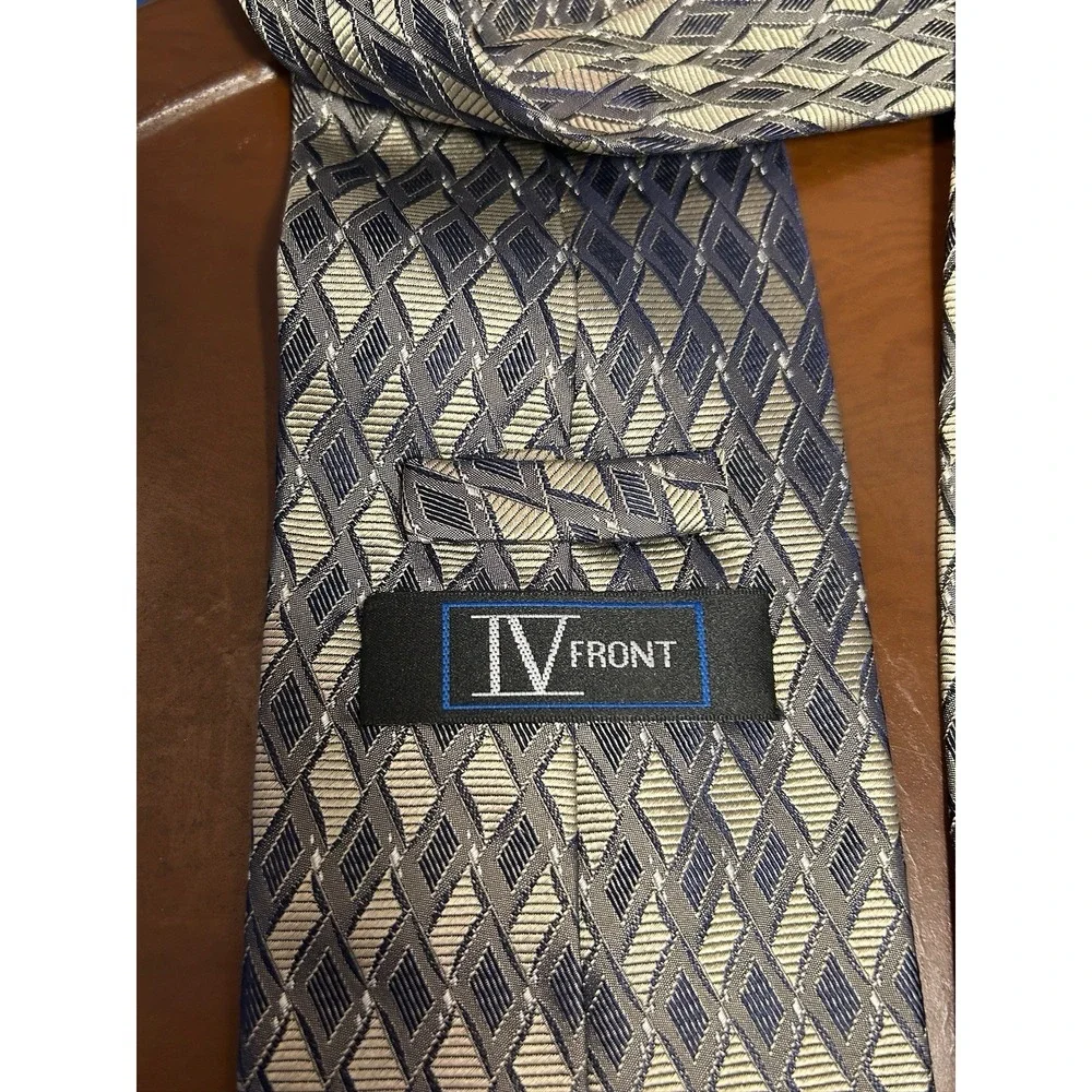 IV Front Silver Men's 100% Silk Tie‎ Abstract Geometric Necktie Extra Long